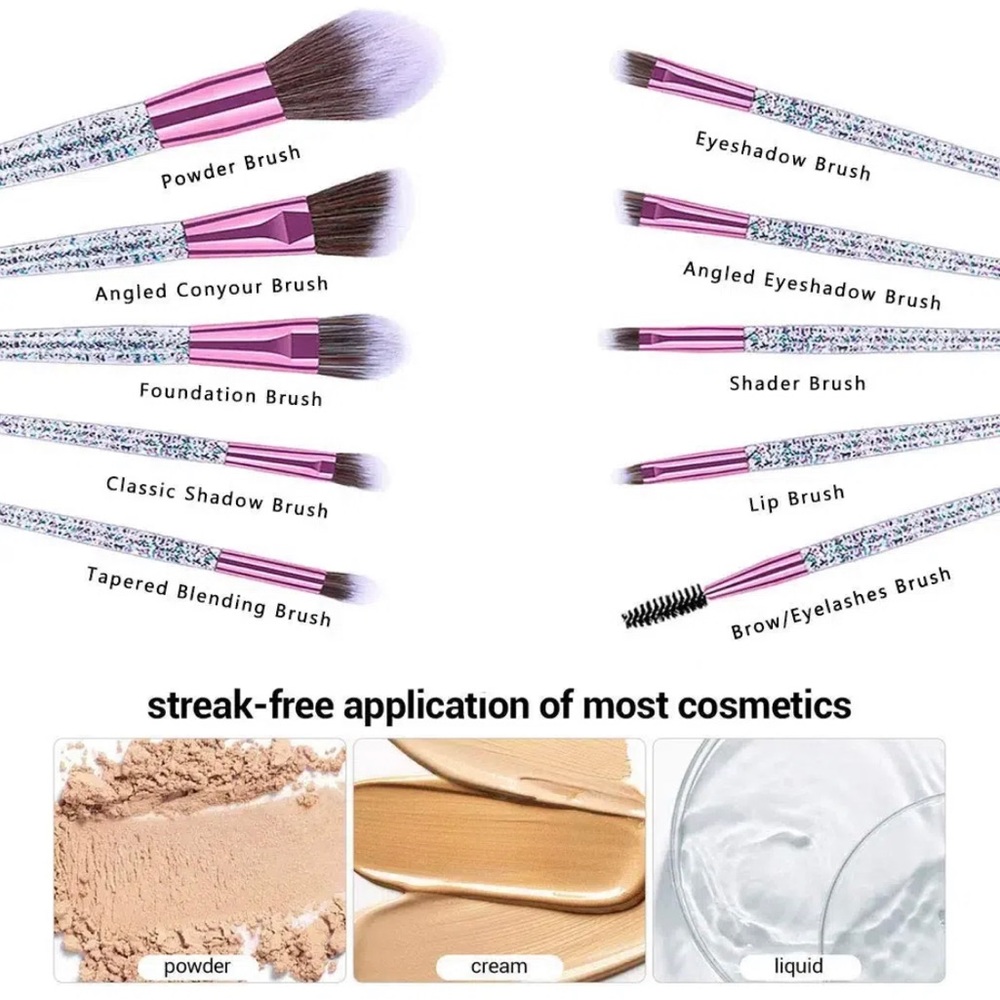 Ten Piece Makeup Brush Set with Glitter Handle Professional Full Coverage - Picture 4 of 11